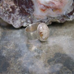 Sterling Silver Wide Band Agate Handcrafted Ring Brown Tones Made in USA